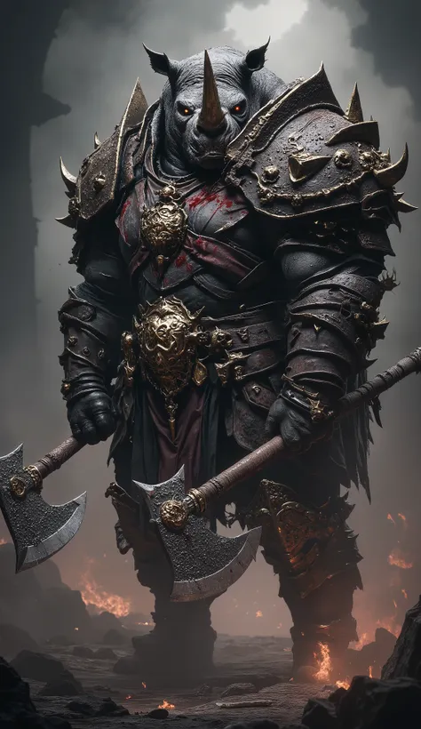 (best quality, 128k,highres,masterpiece:1.2),ultra-detailed,(realistic,photorealistic,photo-realistic:1.37), ((masterpiece)) ((photography)) ((Highest quality)) A barbarian anthropomorphic rhinoceros warrior standing in a battle-ready pose. Massive muscula...