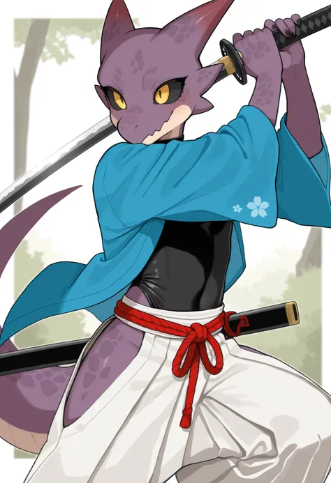 soft shading, 4k, hi res, detailed face, detailed, best quality, masterpiece, detailed anatomy, detailed eyes, perfect shading, by K0BIT0WANI, by Buta99, by Spiritd, solo male, Kobold, black sclera, yellow eyes, tail, femboy body, purple scales, blue haori...