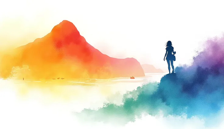 Soft Focus, Brilliant Gradient Watercolor, Dreamer, white background, girl, cafes, Copacabana Beach, Sugar Loaf, corcovado, Favela on the Hill.