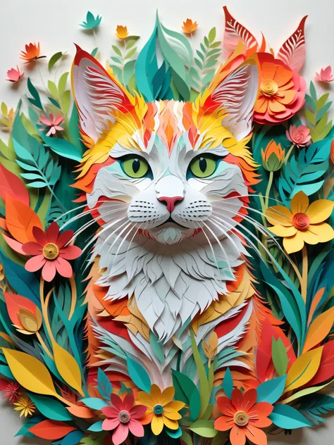 Paper Cut Art ,( Flat Paper Cutout ,Paper Art,layered Paper Art,Paperwork, digital art ), colorful, Cat,(High Detail, masterpiece, best quality, ultra high resolution)