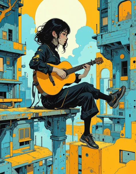 A beautiful young Asian girl plays the guitar, sitting on the balcony railing, against the background of beautiful abstract surrealist architecture, dreamy gaze, expressive facial expressions, beautiful anatomically correct hands, finely stylized dark curl...