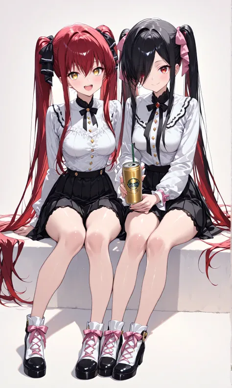(watercolor: 0.5), ( pastel : 0.5), laughing while sitting , BREAK 2girls, multiple girls, BREAK 1girl, Kuroki Monika, red eyes, black hair, very long hair, hair over right eye, medium breasts, (petite but curvy), (very cute), long twin tails
BREAK 1 ...