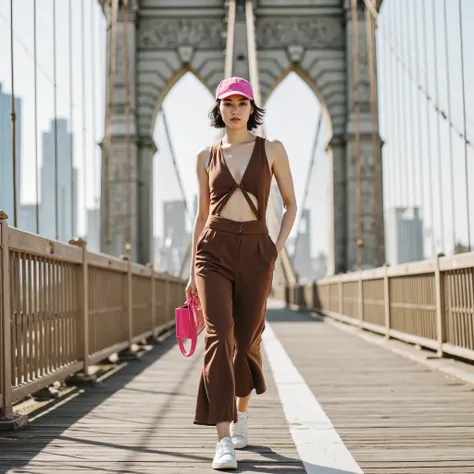 "A statuesque woman confidently walks the Brooklyn Bridge like a runway, wearing a sleek brown cut-out jumpsuit, hot pink backward cap, and glossy fuchsia micro bag. Shot from behind in a vertical frame, the bridge's dramatic lines and Manhattan skyline am...