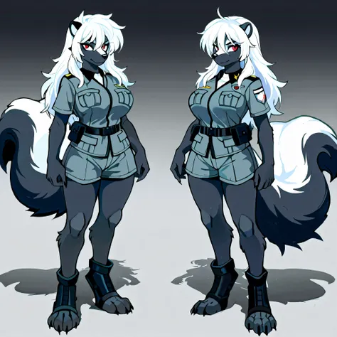 masterpiece, best quality, anime style, anime shading, full body picture, buxom body type, centered, three-quarters view, by plive, 1girl, anthro, furry female, large skunk female, long white hair, red eyes, (pointed ears), (tall with large breasts), black...
