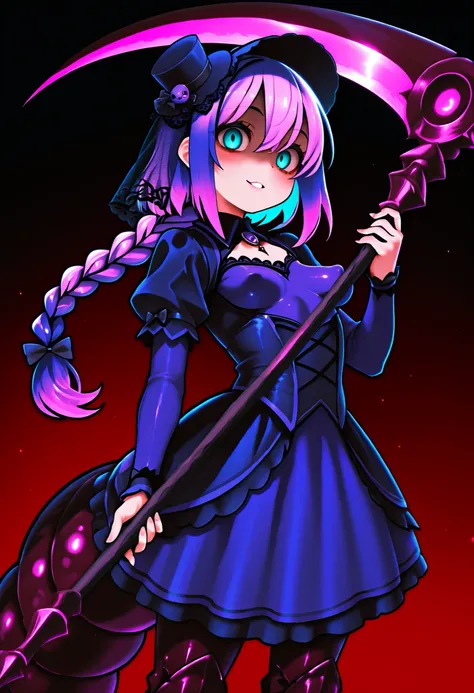 Serket. Scorpion girl. Lavender colored hair. Single braid. Gothic dress. Purple and blue dress. Ruffles. Lace veil. Small gothic hat. Yandere eyes. Scythe. Holding a weapon. Perky breasts. Scorpion legs. Scorpion claws. Scorpion tail. Black carapace. Mult...