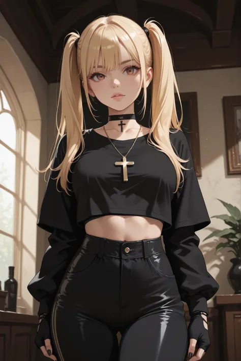 1girl, blonde hair, long twintails, black crop top, long fingerless gloves, black fingernails, black pants, choker, cross necklace, indoors
