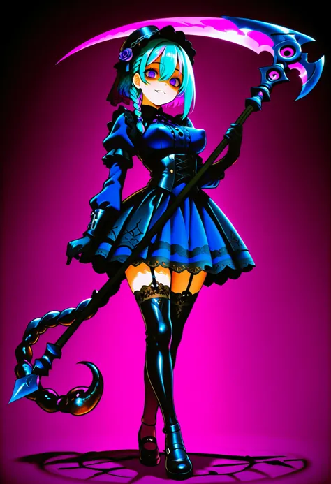 Serket. Scorpion girl. Lavender colored hair. Single braid. Gothic dress. Purple and blue dress. Ruffles. Lace veil. Small gothic hat. Yandere eyes. Scythe. Holding a weapon. Perky breasts. Scorpion legs. Scorpion claws. Scorpion tail. Black carapace. Mult...