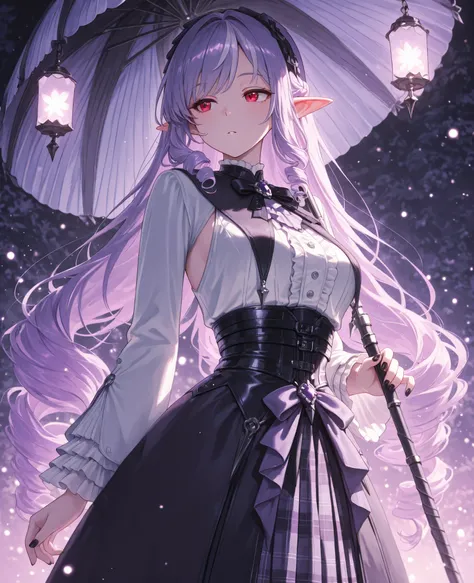 masterpiece, best quality, ultra-detailed, 1girl, long flowing purple hair with soft curls and frilly black headband, vivid red eyes, elegant expression, standing in a serene evening garden with soft glowing lanterns, delicate breeze moving her hair and cl...