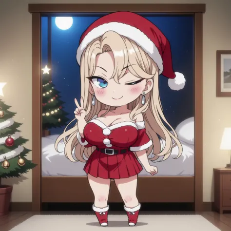 Kurashiki Reika, high quality, masterpiece, Very detailed, high quality, high resolution, A girl, solo, blonde hair, blue eyes, beautiful, beautiful and perfect face, smile, View spectator, santa costume,pleated skirt, santa hat, bedroom, decorations, chri...