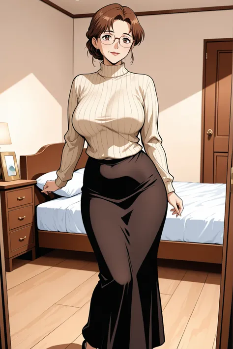 A forty years old woman, curvy, with brown hair and brown eyes, glasses, wearing a sweater and long skirt, in a bedroom, in full view in a highly detailed anime style