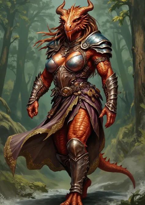 An extremely detailed comic book illustration of an extremely curvaceous Metallic Copper Dragonborn from Dungeons and Dragons which look like wingless bipedal dragons scaly bright-eyed and thick-boned with horns on their heads with a copper coloration trai...