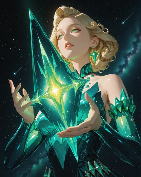 long blonde hair, elegant curls, sparkling green crystal earrings, matching crystal accessories, graceful pose, holding a glowing crystal, looking into the distance, smooth skin, cosmic setting with stars and spacecraft, brilliant lighting from the right, ...