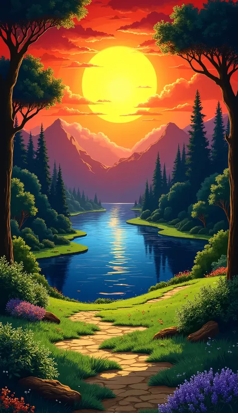 grasses land beside many tree . A vibrant and intricately detailed illustration of various flowers ,A vibrant and style landscape above a serene lake. a large, radiant VECTOR flat flat sunrise against a dramatic red and yellow sky, surrounded by a tra...