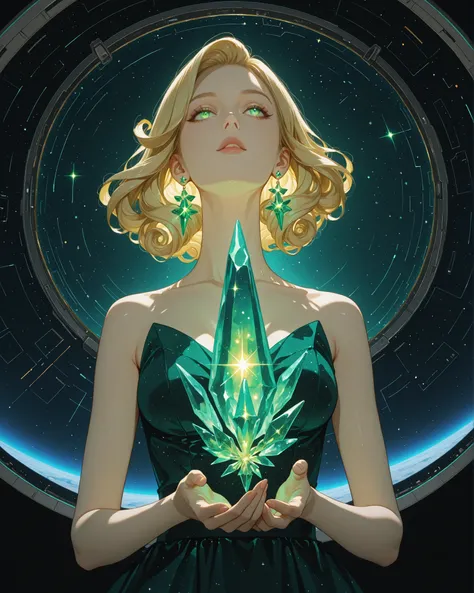 long blonde hair, elegant curls, sparkling green crystal earrings, matching crystal accessories, graceful pose, holding a glowing crystal, looking into the distance, smooth skin, cosmic setting with stars and spacecraft, brilliant lighting from the right, ...