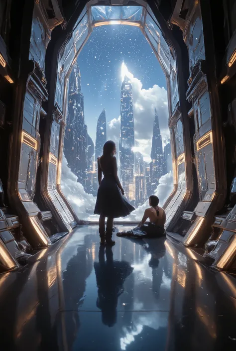 A very extremely large, modern, futuristic alien city with large windows in high orbit floating around among the stars with a beautiful couple living there.