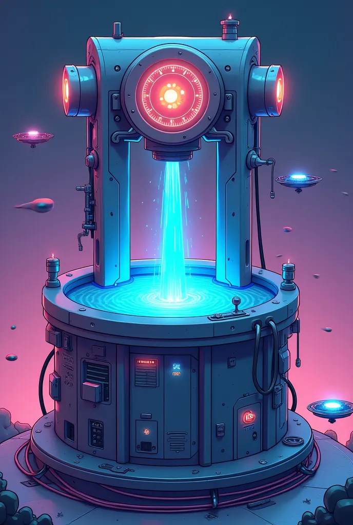 A futuristic cartoon-style water well made of sleek metal and glowing neon panels, with a holographic bucket and digital control panel, surrounded by a metallic platform with wires and circuits, floating drones nearby, vibrant sci-fi colors, playful and im...
