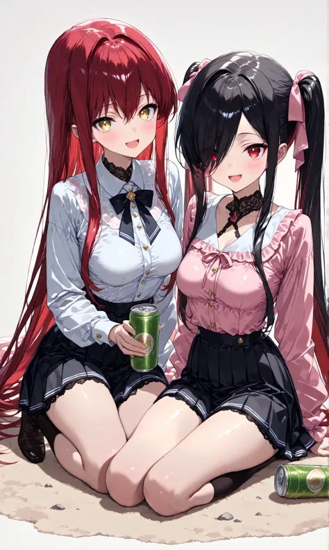 (watercolor: 0.5), ( pastel : 0.5), laughing while sitting , BREAK 2girls, multiple girls, BREAK 1girl, Kuroki Monika, red eyes, black hair, very long hair, hair over right eye, medium breasts, (petite but curvy), (very cute), long twin tails
BREAK 1 ...