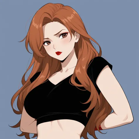 Extremely cute, with brown eyes , copper hair color, anime character with red lipstick, cheeks flushed, Black crop on top as clothes, in her arms, Extremely cute, long hair