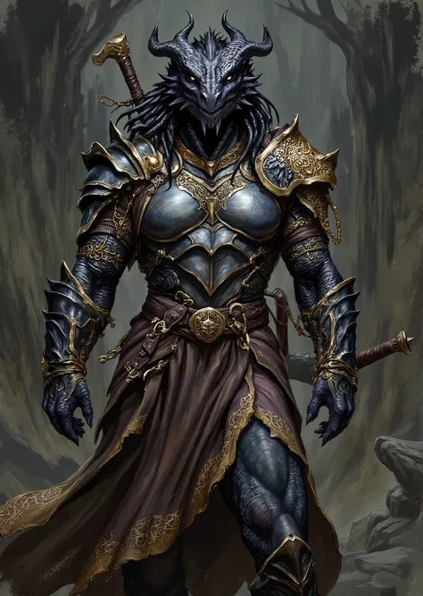 An extremely detailed comic book illustration of an extremely curvaceous Chromatic Black Dragonborn from Dungeons and Dragons which look like wingless bipedal dragons scaly bright-eyed and thick-boned with horns on their heads with a black coloration train...