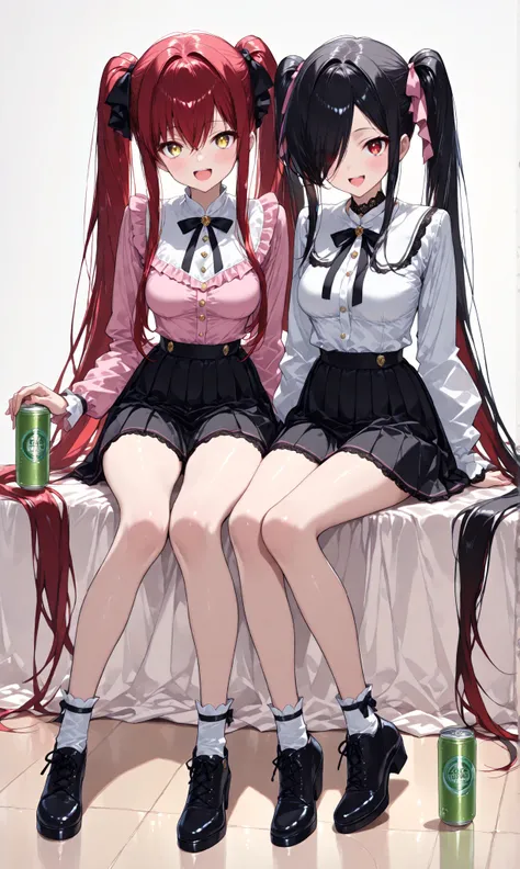 (watercolor: 0.5), ( pastel : 0.5), laughing while sitting , BREAK 2girls, multiple girls, BREAK 1girl, Kuroki Monika, red eyes, black hair, very long hair, hair over right eye, medium breasts, (petite but curvy), (very cute), long twin tails
BREAK 1 ...