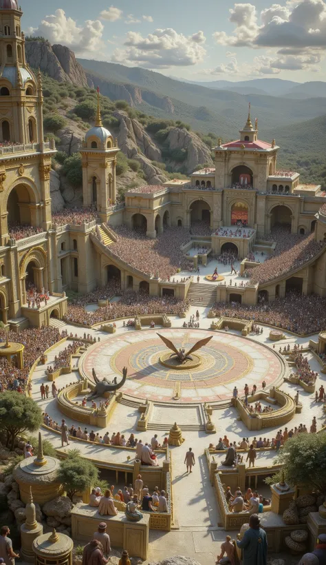 ((MEDIEVAL ARENA)), (RPG ARENA FULL), large arena packed with people with a dragon in the center of the stage fighting a winged hero
