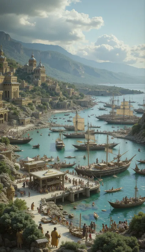 ((MEDIEVAL RPG)), (MEDIEVAL ISLAND CITY), largest port in the world, largest pier in the world, several docks with several commercial ships passing between them, lots of ocean water on the shore of the island full of commercial docks with ships refueling, ...