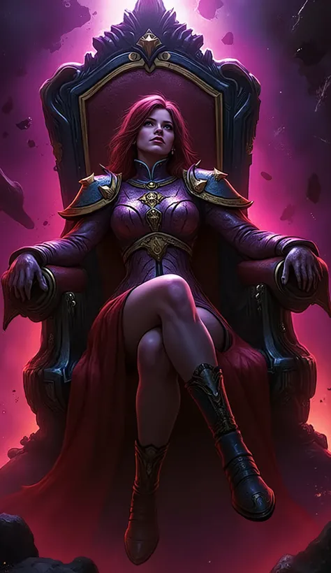overlord and 40k digital anime style, full body, attractive middle-aged woman and her throne, in interior action, darkened detailed backdrop, garment, warhammer 40k