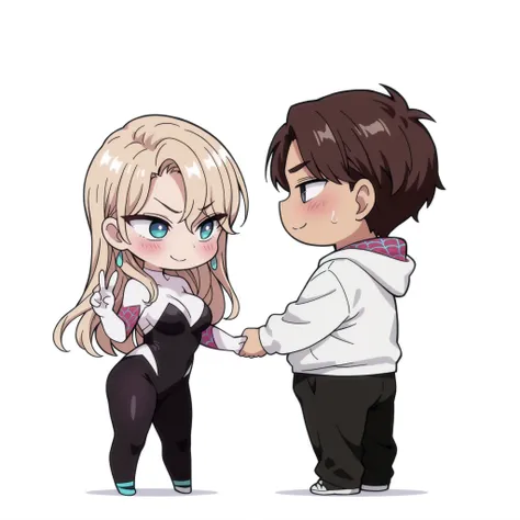 1 girl and 1 boy , 1 boy , dark haired boy , wavy brown hair , shy , couple, togheter, 1 girl, Kurashiki Reika, high quality, masterpiece, Very detailed, high quality, high resolution, A girl, solo, blonde hair, blue eyes, beautiful, beautiful and perfect ...