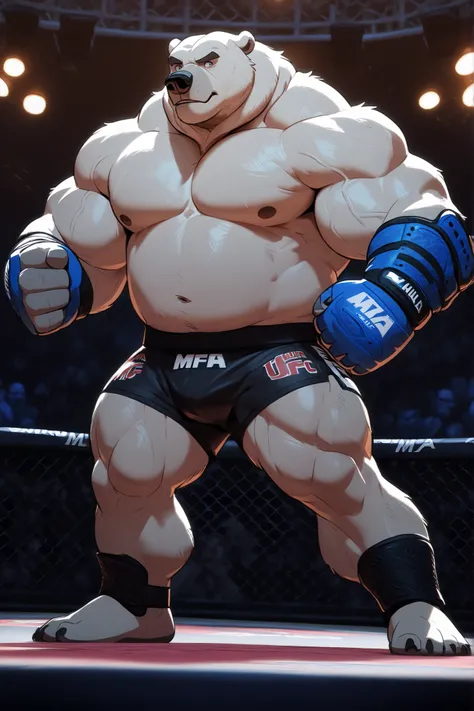 huge muscular polar bear in MMA UFC Tournament, big hulking brute, grunting smirk, polar bear, huge white fur, thick arm, huge arm, added thick colored gray mustache and beard, short white hair, (veiny muscular, broad pectoral, wide pectoral, thick arms th...