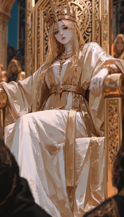 (Masterpiece), best quality, highest quality, highly detailed CG unity 8k wallpaper, original, high resolution, (depth of field: 1.5), fidelity: 1.3, solo focus, queen, blonde hair, black eyes, white skin, ancient costume, extremely gorgeous, complex, many...