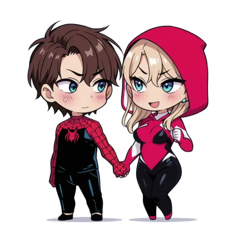1 girl and 1 boy , 1 boy , dark haired boy , wavy brown hair , shy , couple, togheter, spider man outfit, spider man, 1 girl, Kurashiki Reika, high quality, masterpiece, Very detailed, high quality, high resolution, A girl, solo, blonde hair, blue eyes, be...