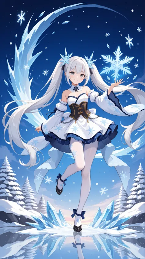 1girl, best quality, masterpiece, solo, snowflakes, long hair, high twintails, japanese style, gray eyes, detached sleeves, standing on one leg, dress, white hair, standing, smile, reflection, looking at viewer, full body, very long hair, hair ornament, sh...