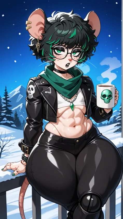 (Tall Twink), (six foot Tall height), (black curly afro with green highlights), (Green streaks in hair), (green eyes), (glowing iris), (black choker), (black leather bracelets), (Viking jewelry), (Black Rose Tattoo on right shoulder), (Silver necklace with...