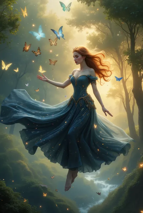 A breathtakingly beautiful young woman, appearing to be of Slavic descent and in her early twenties, with long flowing auburn hair, floats gracefully in mid-air. Her ethereal expression blends serene focus with mischievous delight. She’s clad in a flowing...