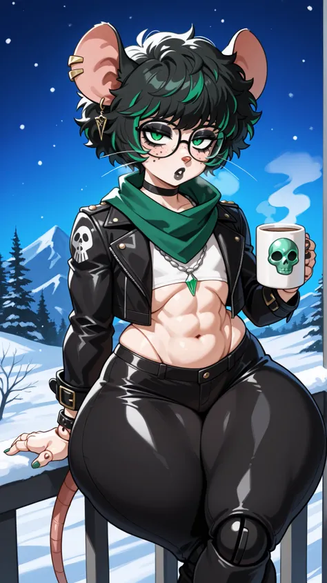 (Tall Twink), (six foot Tall height), (black curly afro with green highlights), (Green streaks in hair), (green eyes), (glowing iris), (black choker), (black leather bracelets), (Viking jewelry), (Black Rose Tattoo on right shoulder), (Silver necklace with...