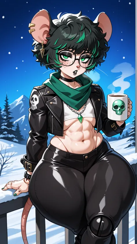 (Tall Twink), (six foot Tall height), (black curly afro with green highlights), (Green streaks in hair), (green eyes), (glowing iris), (black choker), (black leather bracelets), (Viking jewelry), (Black Rose Tattoo on right shoulder), (Silver necklace with...
