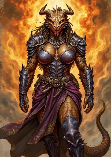 An extremely detailed comic book illustration of an extremely curvaceous Chromatic Bronze Dragonborn from Dungeons and Dragons which look like wingless bipedal dragons scaly bright-eyed and thick-boned with horns on their heads with a bronze coloration tra...