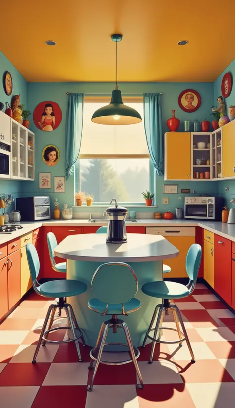 Create vibrant lighting in the classic pin-up style of the 1950s, portraying a retro kitchen. The setting features plaid floors, colorful dolls, depicting pin-up on the walls and a radio playing nostalgic music. No centro, a modern island-style table, with...