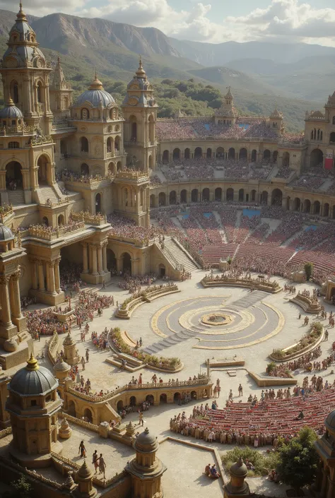 ((MEDIEVAL ARENA)), (RPG ARENA FULL), large arena packed with people with a strong muscular orc in the center of the stage fighting a hero, epic tournament rpg medieval battle, 4K, 8K, unreal engine.