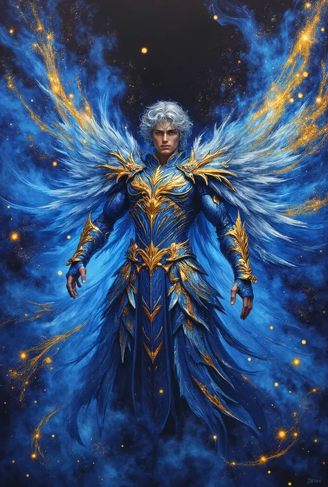 Celestial ink splashed across indigo silk, Pegasus constellation emerges through cobalt tempest, Saint Seiya's armor materializes in gold-leaf fractals, flowing cape dissolves into astral wings, sumi-e brushstrokes capture cosmic energy bursts, celestial c...