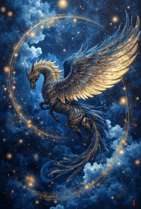 Celestial ink splashed across indigo silk, Pegasus constellation emerges through cobalt tempest, Saint Seiya's armor materializes in gold-leaf fractals, flowing cape dissolves into astral wings, sumi-e brushstrokes capture cosmic energy bursts, celestial c...
