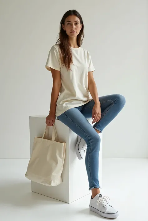A beautiful Italian woman, Sitting on a white block wearing a loose t-shirt, tight jeans and (Vans® sneakers), holding one holding a white cloth bag, holding a raw cloth bag, square bag,  Sustainable Materials , flat bag, holding an ecological bag, realist...