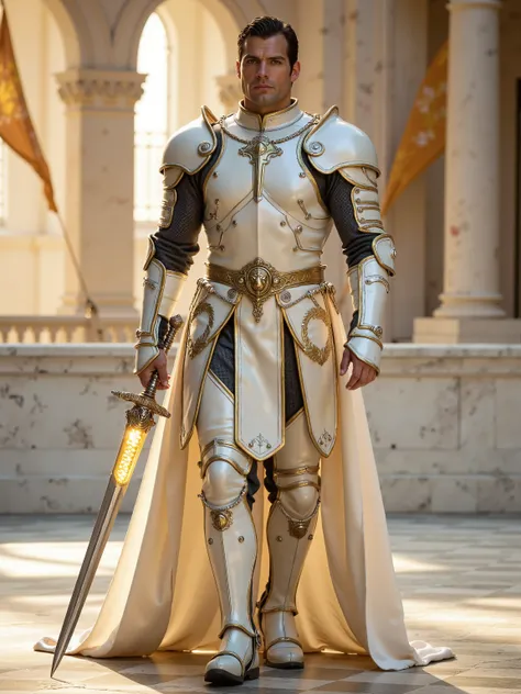 Henry Cavill reimagined as the white knight of a chess empire, walking and holding a silver longsword glowing with light, blade tip gently touching the marble floor, 1 male, full body, noble and commanding, fair skin with a warm glow, short dark hair, stro...