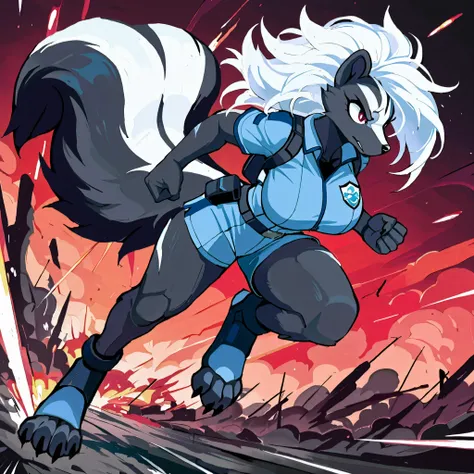 masterpiece, best quality, anime style, anime shading, full body picture, buxom body type, centered, three-quarters view, by plive, 1girl, anthro, furry female, large skunk female, long white hair, red eyes, (pointed ears), (tall with large breasts), black...