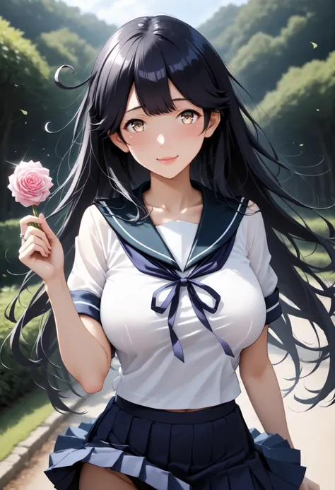 masterpiece,best quality,Super Detail,8K,Ushio(KanColle),In a park rich in nature,at the seaside,full body,1 pretty girl,Baby-Faced Girl,I'm blushing my cheeks and smiling shyly softly,Black Hair Semi-long Hair,perfect face,perfect body,detailed eyes,Beaut...