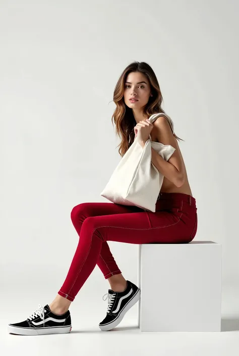 A beautiful Italian woman, Sitting on a white block, wearing tight red plaid pants and (Vans® sneakers), holding one holding a white cloth bag, holding a raw cloth bag, square bag, Sustainable Materials , flat bag, holding an ecological bag, realistic pho...