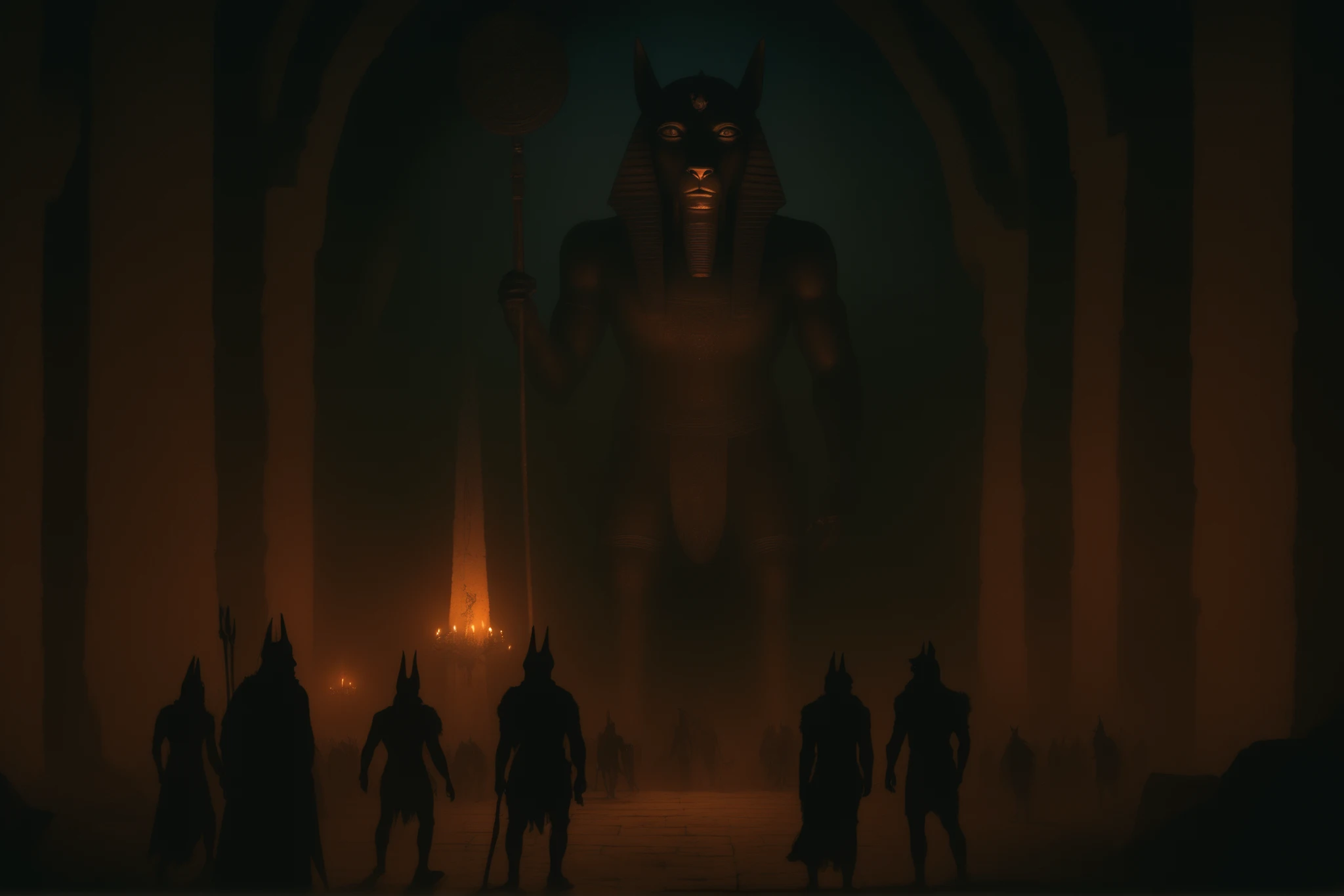 arafed image of a group of people standing in a dark room, symmetrical epic fantasy art, Anubis, an ominous fantasy illustration, dark fantasy style art, dark concept art, beksinski and dan mumford, dark fantasy concept art, moloch, dark ancient atmosphere...