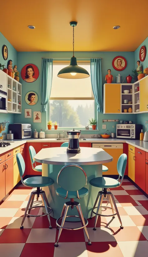 Create vibrant lighting in the classic pin-up style of the 1950s, portraying a retro kitchen. The setting features plaid floors, colorful dolls, depicting pin-up on the walls and a radio playing nostalgic music. No centro, a modern island-style table, with...