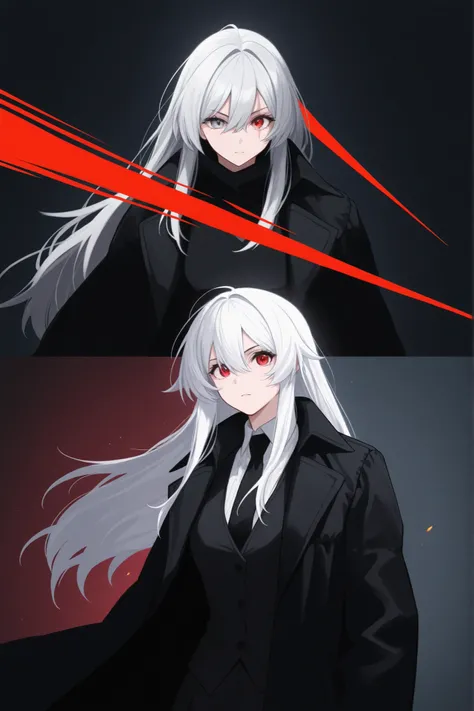 a tall white hair girl, around 20 years old, left eye is grey while right eye is red with a scar on the right side, black coat, black woman vest, black tie, have black color at some top of hair, just create 1 girl