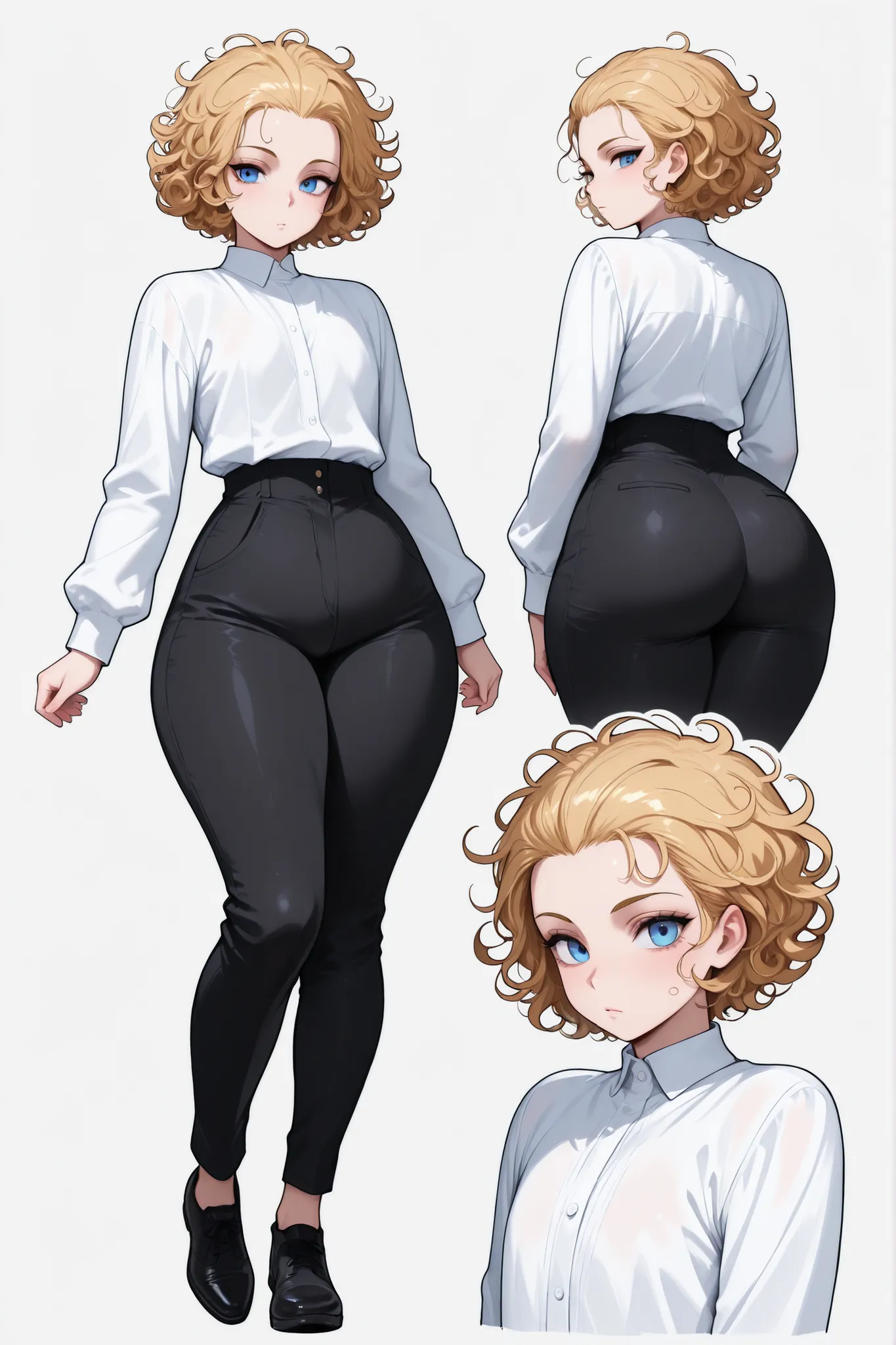 1boy, femboy, blonde Hair, curly hair, blue eyes, thick thighs, small waist, black pants, white shirt, messy hair, curly hair, short hair, hair pulled back, Glossy skin, long sleeves, multiple views, black shoes, 